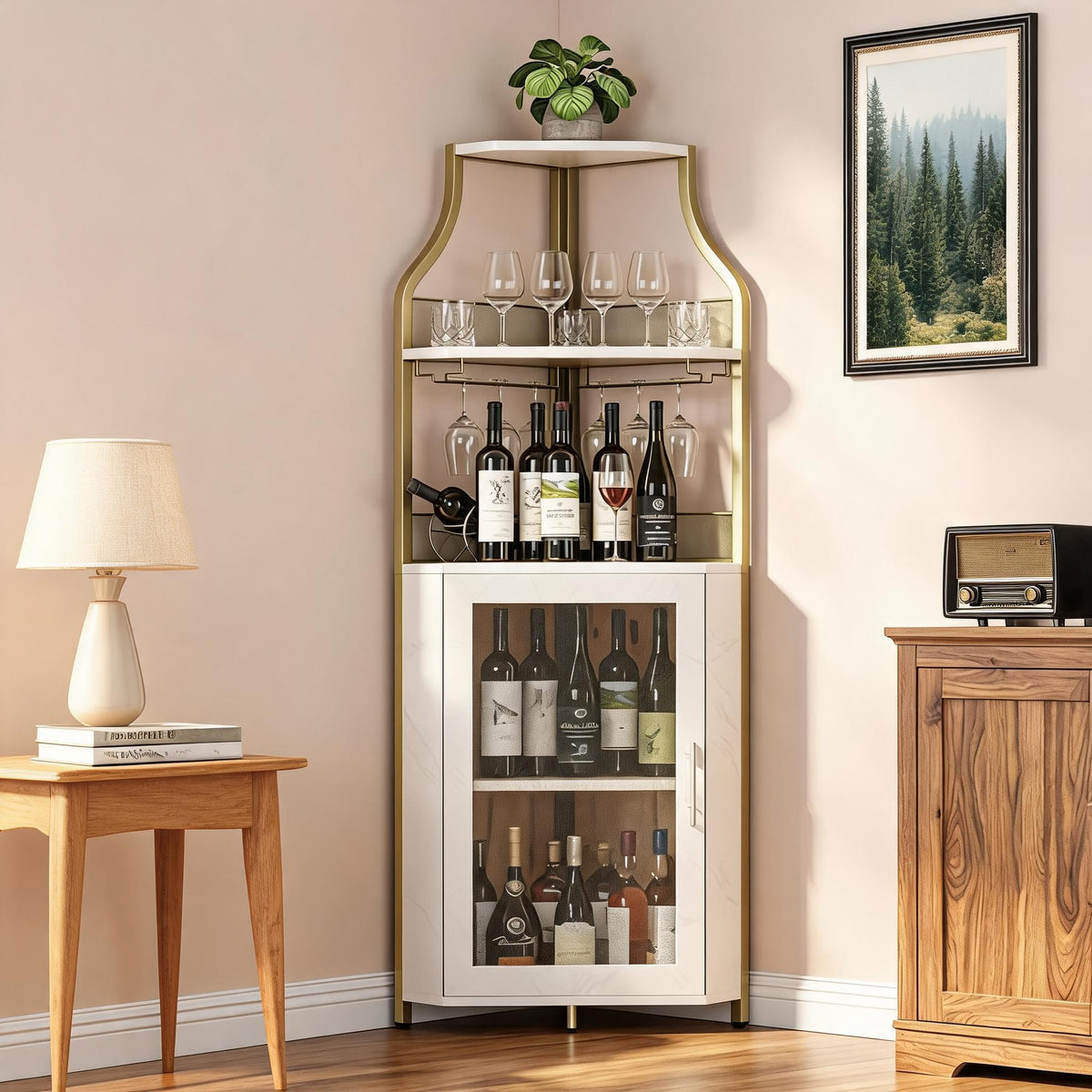 Jojoka 5-Tier Corner Bar Cabinet with Wine Rack & Glass Holder - Image 1