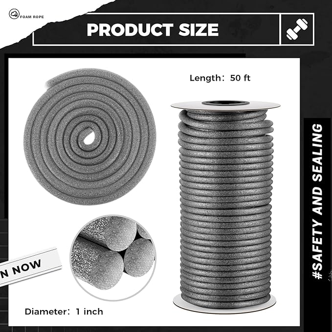 1 Inch x 50 ft Foam Backer Rod for Gaps Joints Concrete Crack Filler Caulk Saver Bulk Foam Backing Rod Concrete Filler Rope for Weather Stripping Door Seal (Gray)