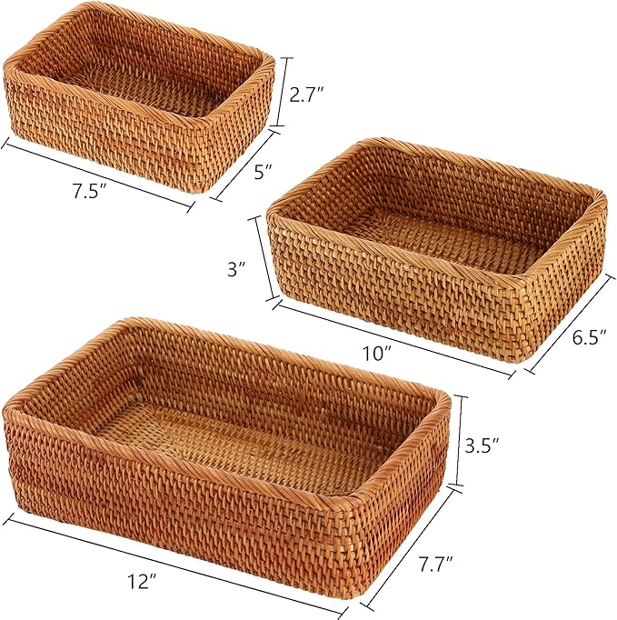 ZENFUN 3 Pack Natural Rattan Storage Baskets, Rectangular Woven Fruit Baskets for Decor, Handmade Woven Nesting Bread Baskets for Organizing, Serving, for Kitchen, Home, 3 Sizes