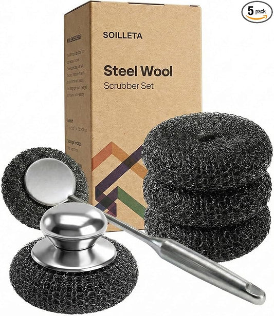 5 Pcs Steel Wool Scrubbers - Premium 304 Stainless Steel Metal Sponges for Cast Iron Skillets, Grill & Kitchen Pots - Rust Resistant, Non-Splintering Heavy Duty Scouring Pads for Tough Grease