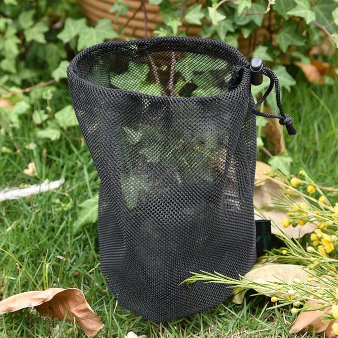 iBasingo 5pcs Black Mesh Bags - Nylon Sack Durable Drawstring Net Bags - Small Travel Sleeping Stuff Storage Ditty Bags for Cosmetics Shower Gels Bottle Pot Tennis Golf Ball Tools BVP01