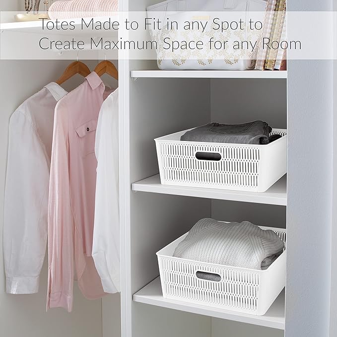 Simplify 4Pk Shallow Slide 2 Stack It Tote Basket | Storage & Organization | Open Bins with Stackable Capability | Bathroom | Crafts | Pantry | Playroom | Office | White