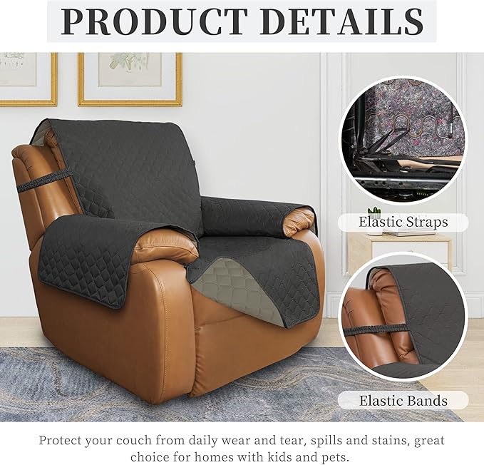 ISSUNTEX Double Protection 100% Waterproof Recliner Covers for Living Room, Reversible Furniture Protector Recliner Couch Sofa Slipcover for Dogs, Pets, Kids (Oversized Recliner, Dark Gray/Beige)