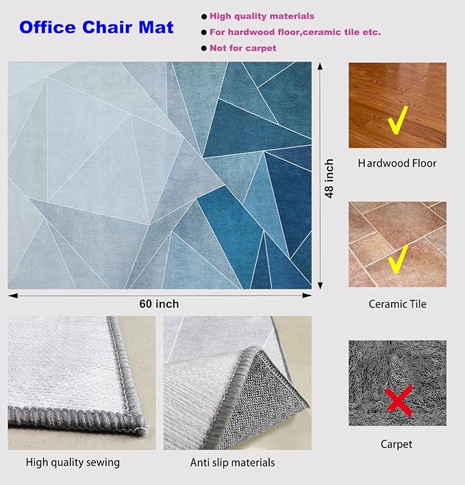 Office Chair Mat for Hardwood Floor,48"*60" Highly Premium Quality Rolling Office Mat- 3.86lbs Anti-Slip Chair Rug Mat for Low-Pile Carpet Office Home Laminate Floor Blue Grey
