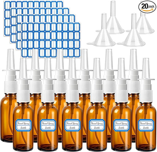 20 Pcs Nasal Spray Bottle, 30ML/1oz 12 Pcs Empty Refillable Fine Mist Glass Nasal Spray Bottle with 4 Funnels and 4 Labels…