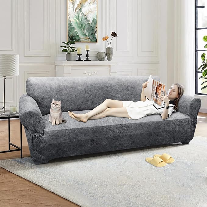Couch Cover Leather Look 3 Seater Couch Sofa Cover 1-Piece Sofa Slipcover Stretch Furniture Protector with Elastic Bottom & Pockets(Sofa, Light Grey)