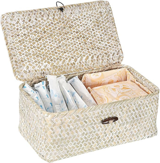 Sumnacon Wicker Basket with Lid Rectangle Woven Baskets for Toiletries Tampon Storage,Wicker Storage Basket with Lid,Decorative Seagrass Storage Baskets for Shelf Bathroom Toilet Table,Whitewash