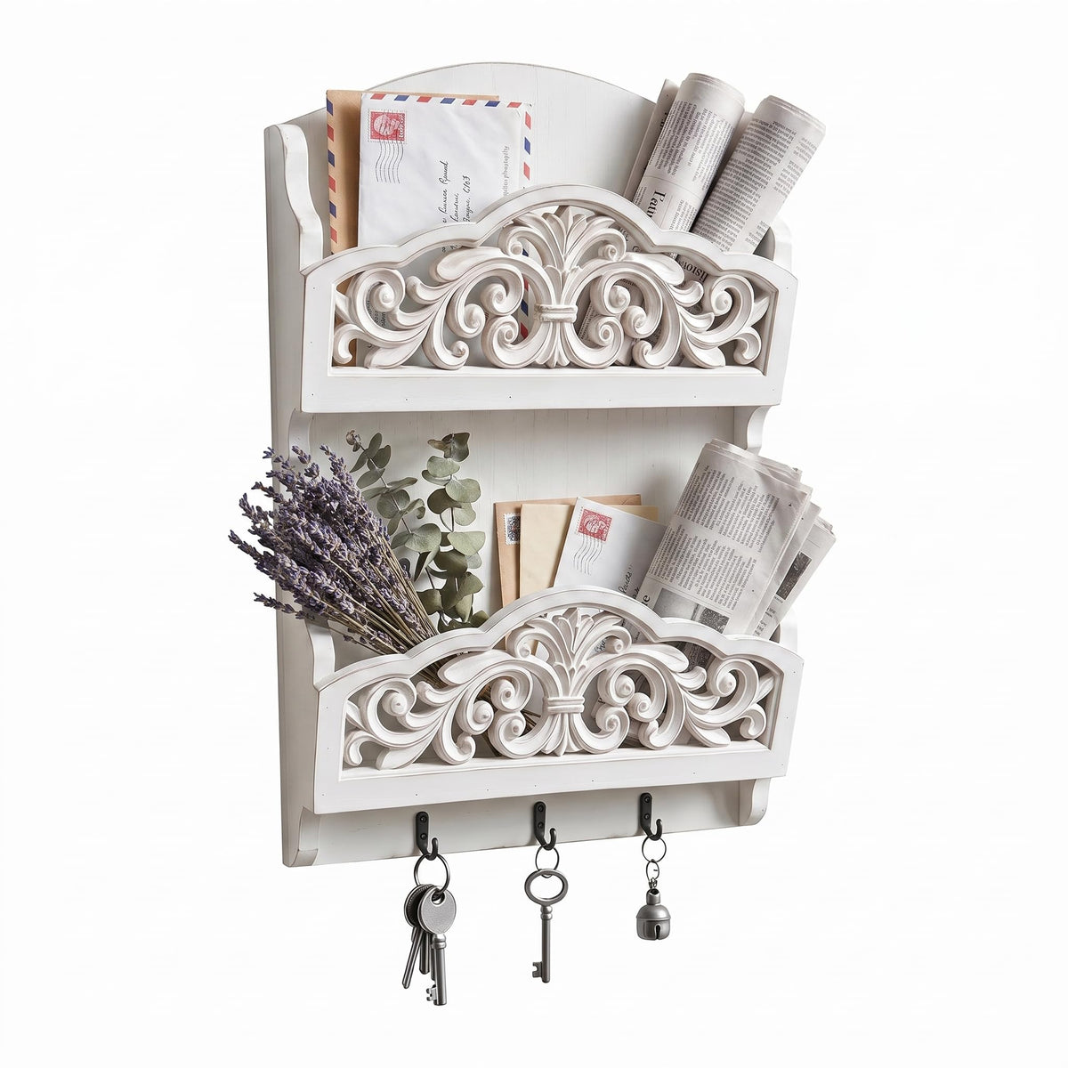 Rustic Key and Mail Holder, 2 Slot Wall Organizer with 3 - Image 1