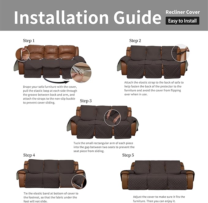 Easy-Going Recliner Sofa Cover, Reversible Couch Cover for 3 Seat Recliner, Split Sofa Cover for Each Seat, Furniture Protector with Elastic Straps for Dogs, Pets(3 Seater, Chocolate/Beige)