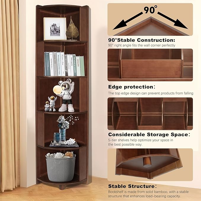 DOUSY-5 Tier Bamboo Corner Shelf, Mid Century Modern Corner Bookshelf, 69" Tall Stylish Bookcase Display Rack Plant Stand for Living Room, Bedroom, Home Office, Kitchen, Walnut