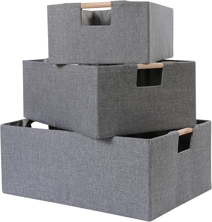 ANMINY 2PCS Storage Baskets for Organizing Collapsible Fabric Storage Bins Boxes with Wood Handles Closet Shelves Cube Organizer Bins Clothes Laundry Storage Container - Small, Gray