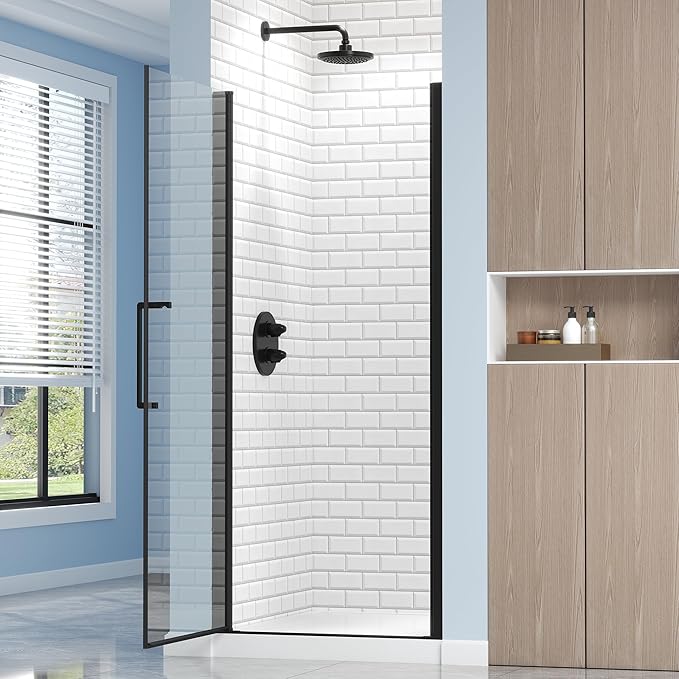 Frameless Pivot Shower Door 32.8-34" W X 72" H, 1/4" (6mm) Clear SGCC Tempered Glass, Hinged Pivot Swing Shower Door, Reversible Installation, Easy to Clean, Matte Black