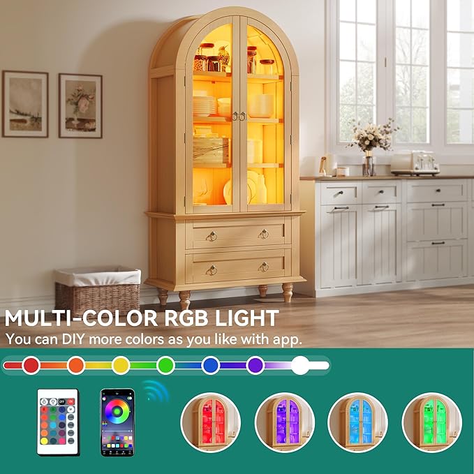 YITAHOME 73" Arched Pantry Cabinet with LED Lighting, 2 Drawers & Multi-Tier Shelves, Modern Farmhouse Kitchen Storage with Ambient Lighting for Dining Room, Natural