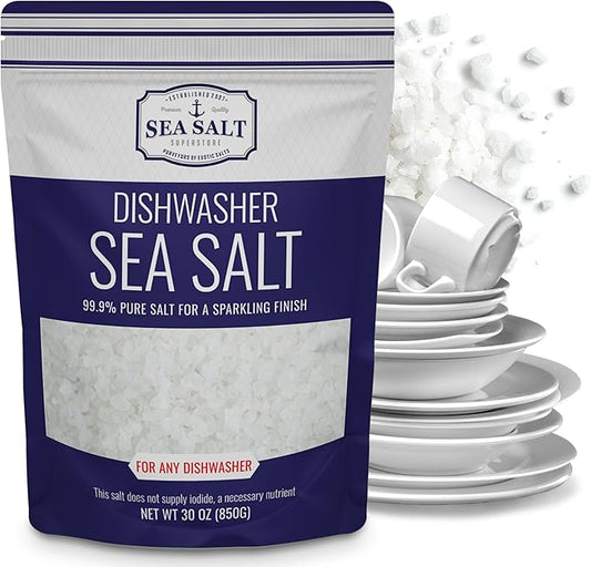 Dishwasher Salt, Natural Water Softener, Food Grade Coarse Sea Salt Compatible with Miele, Thermador, Whirlpool, & Bosch Dishwasher, 30 oz Bag