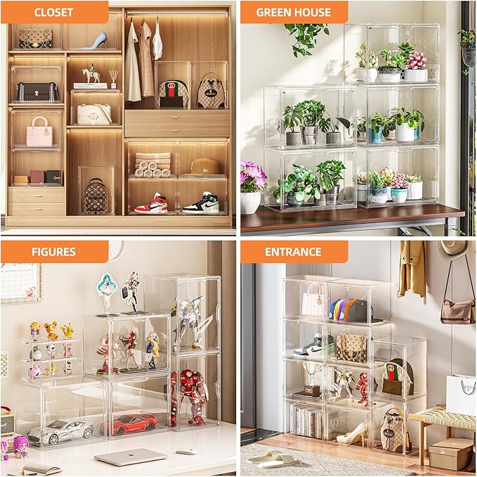Clear Acrylic Display Case, Large Stackable Storage Bins Magnetic Attraction Lids, 5 Pack Acrylic Box Showcase for Collectibles, Figures, Cosmetic, Purse, Handbag, Wallet, 10.7x8.6x14.2 inch