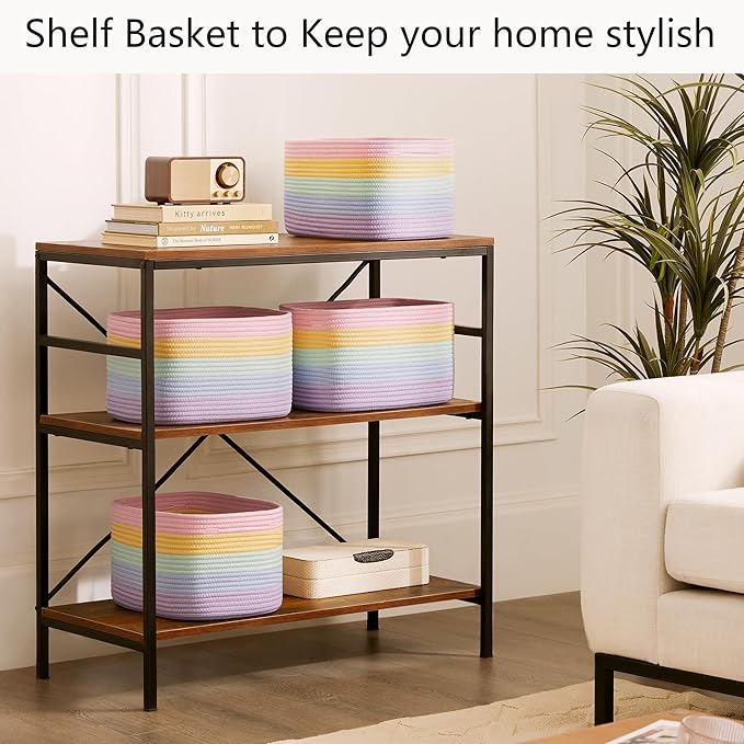Rainbow Rope Basket for Storage 4 Pack Baskets for Shelves Woven Toy Storage Bins for Nursery Kids in Classroom 12.7"Lx9"Wx7.9"H Pastel Rainbow