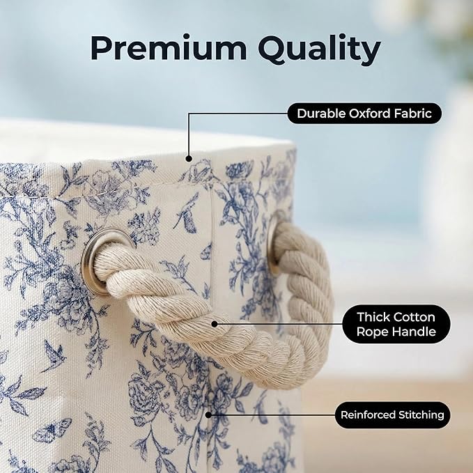 3PC Floral Narrow Storage Bins 15x6x5 inch Blue Flower Small Basket for Closet,Cabinet,Countertop Organizing Small Items Fabric Organizer with Handles, Toilet Paper Storage (Blue flower)