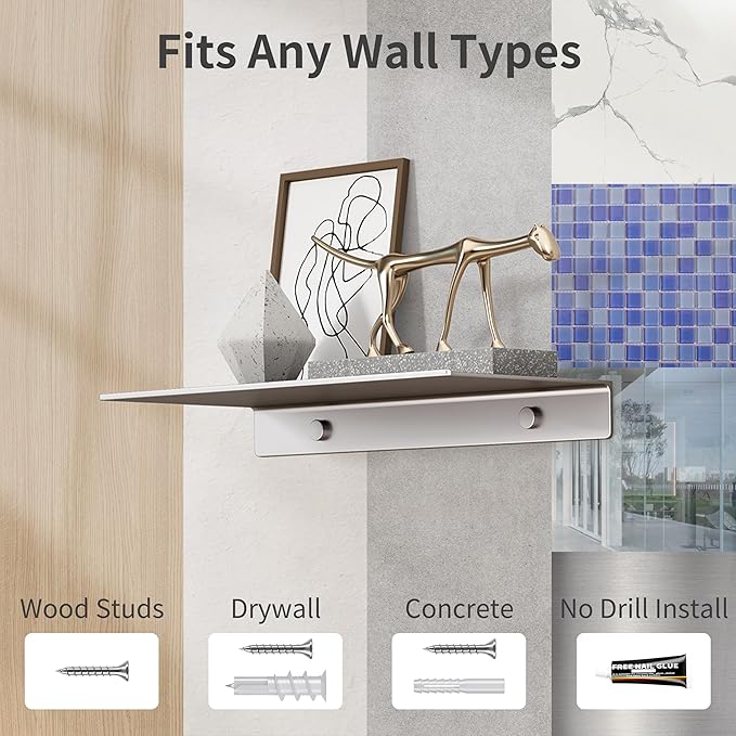 Danpoo Adhesive Floating Shelves for Wall Storage, Metal Wall Shelves for Living Room, Bathroom, Kitchen, 12” Small Display Shelves for Collectibles(Grey, 2 PCS)