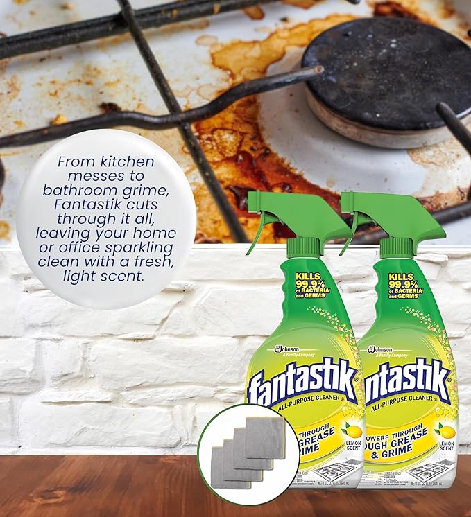 Fantastik Lemon Scent Multi-Purpose Cleaner Spray 32 oz Bundle with Microfiber Cloth - Multi-Surface Cleaner - Removes Grease & Grime - Leaves a Fresh, Clean Finish - (6 Items)