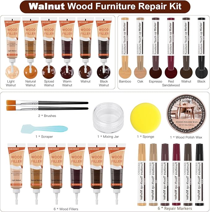 Wood Furniture Repair Kit, 6 Colors Wood Filler, Hardwood Laminate Vinyl Floor Repair Kit with Wood Markers, Wood Polish Wax for Hole, Scratch, Crack, Stain (Walnut Wood 20Pcs)