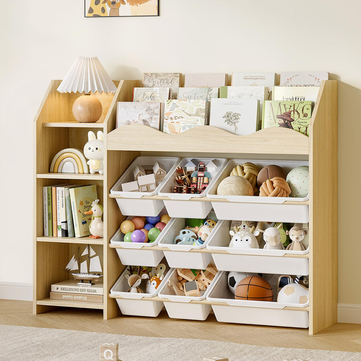 Toy Storage Organizer, Scalloped Bookshelf, 4 Toy Shelves, 9 Bins - Image 1