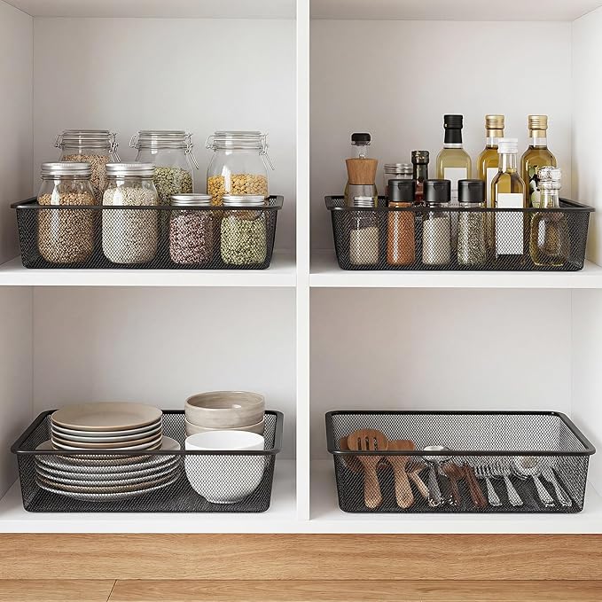 4 Pcs Metal Wire Basket Metal Mesh Basket Pantry Organizers Bin Containers for Home Organizing Cabinet Pantry Closet Kitchen Fridge Fruit Makeup Snacks Gifts(Black,Large)