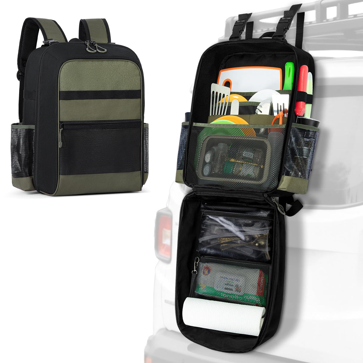 Camp Kitchen Organizer Backpack with Paper Towel Holder, Black - Image 1