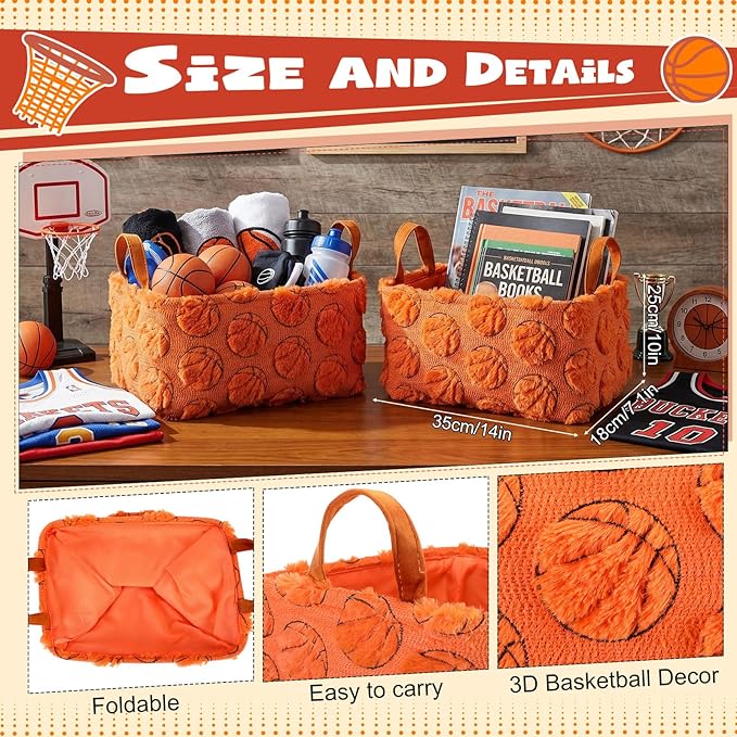 2 Pcs Orange Basketball Storage Baskets 14x10 Inch Easter Basket Sport Theme Home Decor Foldable Fluffy Plush Storage Bin with Handle Decorative Closet Organizer for Home Office Laundry Car