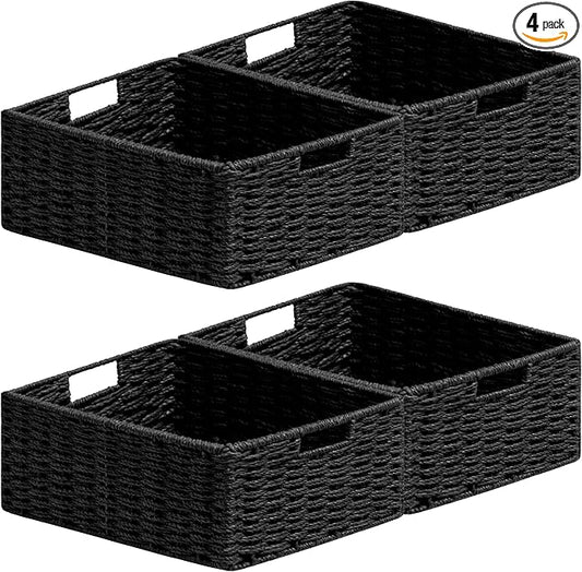 joybest Black Wicker Baskets, Hand-woven Storage Baskets for Organizing, Foldable Rectangular Storage Organizer Bins for Shelves with Built-in Handles 13L x 10W x 5H inch, 4-pack