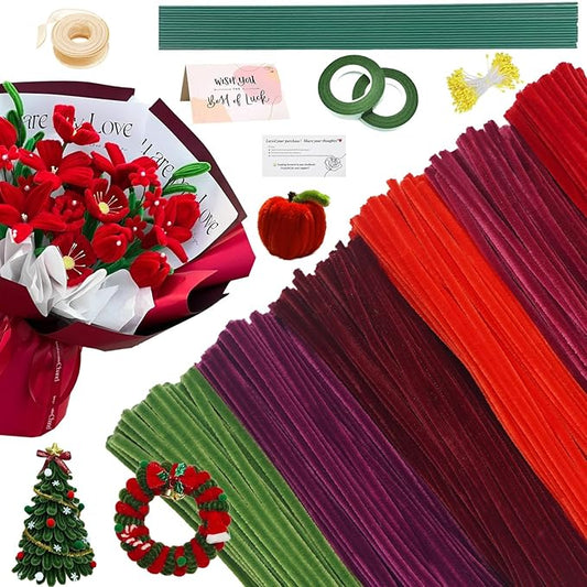 620 Pieces Red Pipe Cleaners Craft Set, 600 Pcs Plum Chenille Stems with 20 Pcs Flower Stems, Craft Supplies Bulk for DIY Art and Craft Projects Creative Gift Wrapping Party Decorations(Red Series)