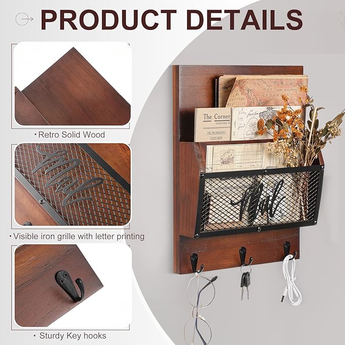Farmhouse Mail Organizer Wall Mounted Rustic Mail Holder Hanging Key Sorter with 3 Hooks Indoor Wooden Wall Mounted, Letter, Magazines, Newspapers, Keys (Classics,Dark Brown)