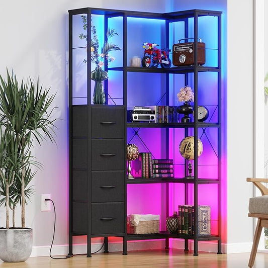 Corner Bookshelf with LED Light Strips & 4 Fabric Drawers, 5-Tier Convertible Corner Shelf with Display Shelf, Large Wood Industrial Bookcase for Living Room, Bedroom, Home Office, Black