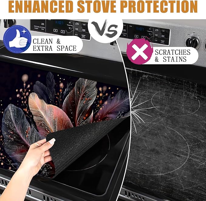 Stove Top Covers for Electric Stove, Greaseproof Cooktop Guard, Spill-Control Worktop Pad, Washable Countertop Cover, 28.3 x 20.5 Inches, Feather Art Decor(Feather)