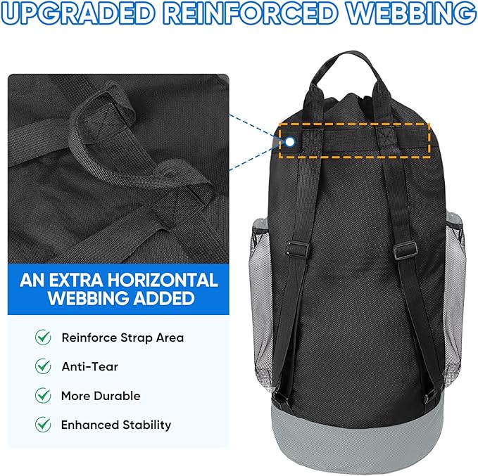 BALEINE 2PK 150L Laundry Bag Backpack, 900D Oxford Fabric Large Travel Laundry Bags with Shoulder Straps and 2 Mesh Pockets for College Dorm, Apartment, Laundromat (Black, 150L)