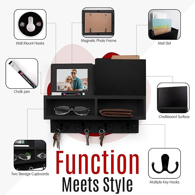 Spacelog Key and Mail Holder for Wall with Chalkboard – Magnetic Photo Frame Key Holder Wall Mount, Black, Dual Storage & Cupboards Mail and Key Organizer for Wall