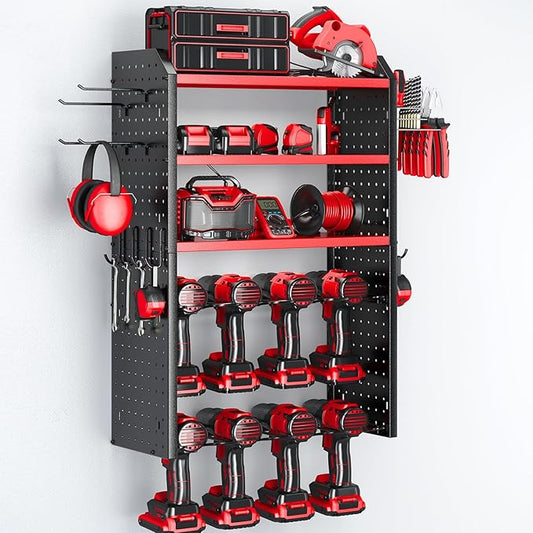 KAFAHOM Power Tool Organizer, Large 8 Drill Holder Wall Mount with 2 Side Pegboards,5 Layer Heavy Duty Metal Tool Storage Rack, Tool Shelf for Garage Organization, Utility Battery Shelves - Red