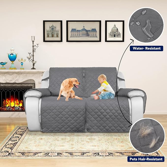 PureFit Water Resistant Reversible Sofa Cover for Reclining Sofa 2 Seat - Non Slip Split Recliner Couch Cover for Double Recliner, Washable Furniture Protector for Kid, Dogs (2 Seat, Gray/Light Gray)