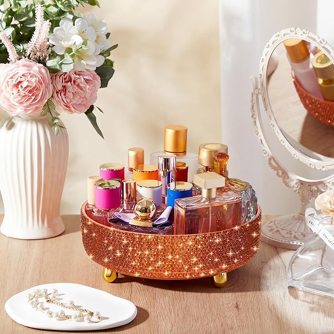 Honeydak Orange Bling Perfume Makeup Organizer Bling Mother's Day Nurses Day Gifts for Women Bathroom Organizers and Storage 360 Rotating Makeup Organizer for Countertop(Resin Stone)