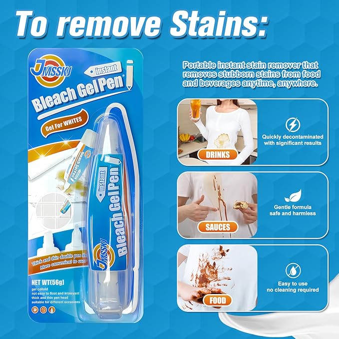 Dual-Tip Bleach Pen for White Clothes & Grout - 2-in-1 Portable Stain Remover & Bleach Gel Pen with Brush Head, Non-Drip Instant Cleaner for Travel, Bathroom Lines & DIY Design (1.76 Fl Oz, Lemon)
