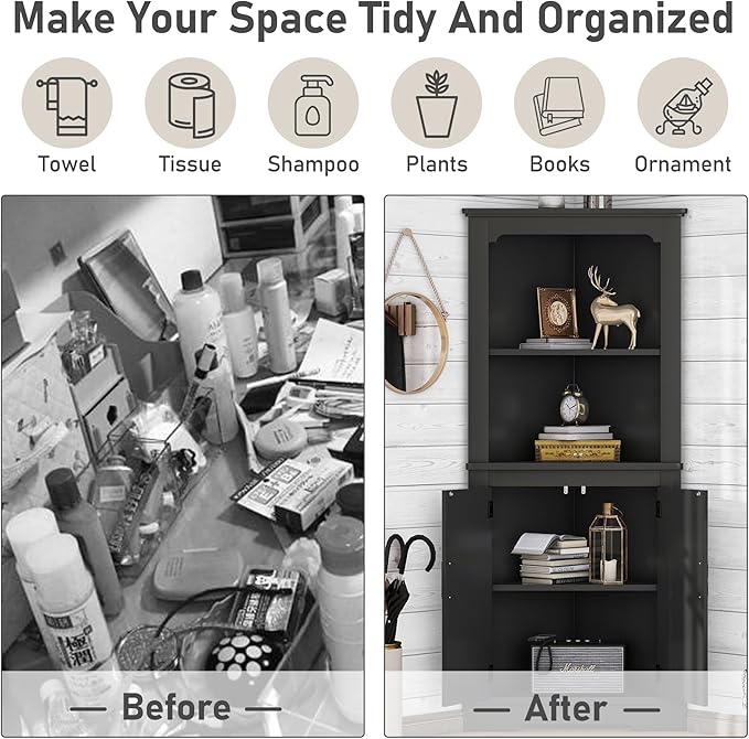 KEIKI 69.3" Corner Storage Cabinet with Round Edges, 2 Open Shelves and Door for Maximum Storage in Small Spaces, Stylish - Black