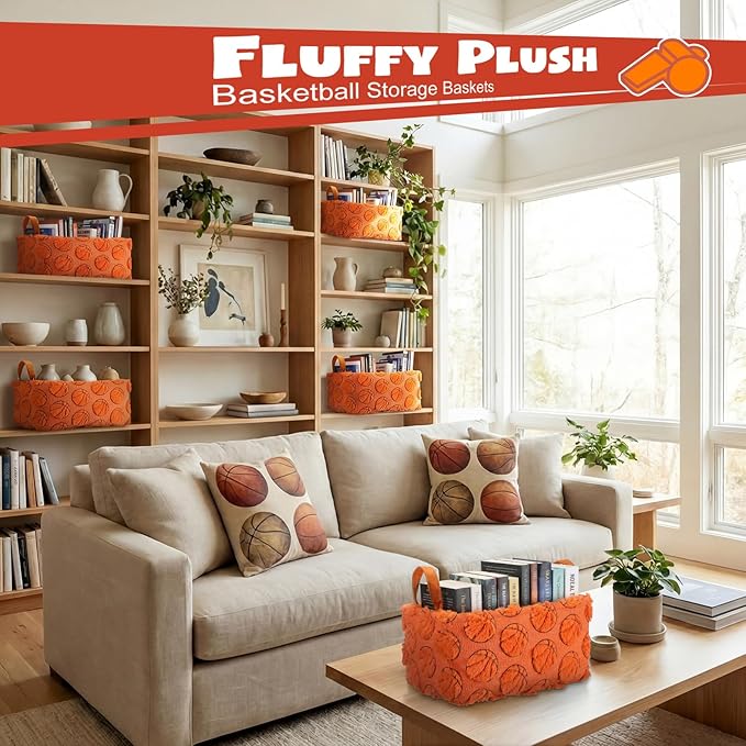2 Pcs Orange Basketball Storage Baskets 14x10 Inch Easter Basket Sport Theme Home Decor Foldable Fluffy Plush Storage Bin with Handle Decorative Closet Organizer for Home Office Laundry Car