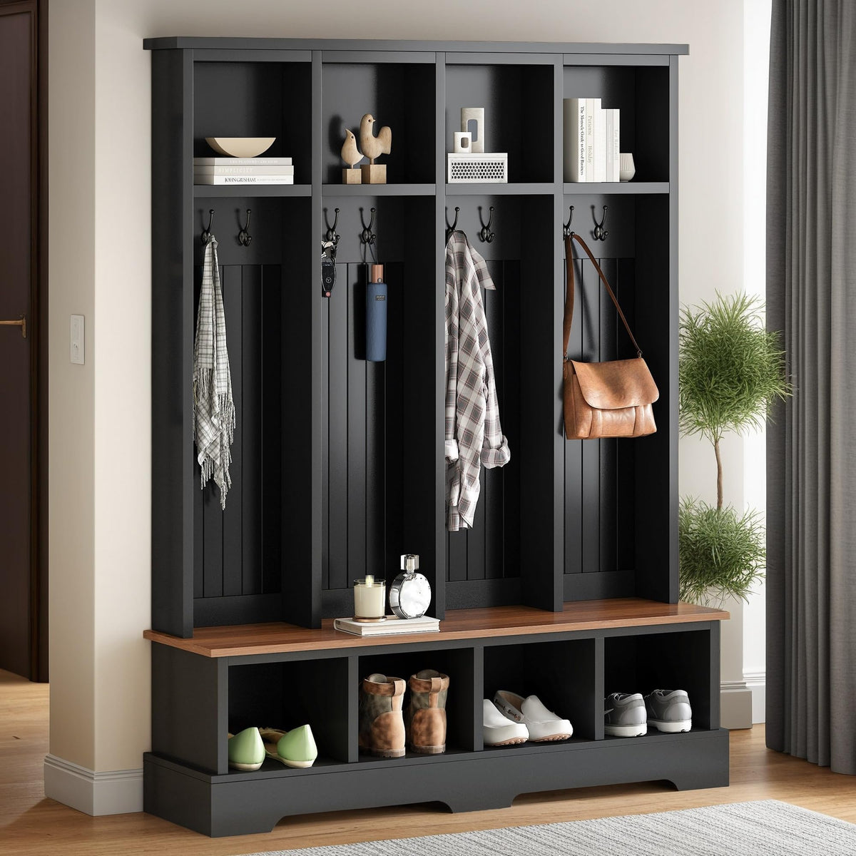 Merax 59" Entryway Hall Tree with Bench, Hooks and Storage - Image 1