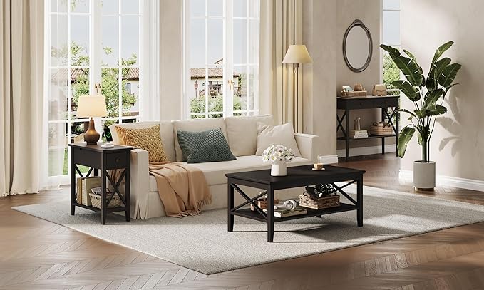 ChooChoo End Table with Charging Station, Narrow Side Table with USB Ports and Outlets, Nightstand with Drawer, for Small Spaces, Bedside Tables for Living Room, Black