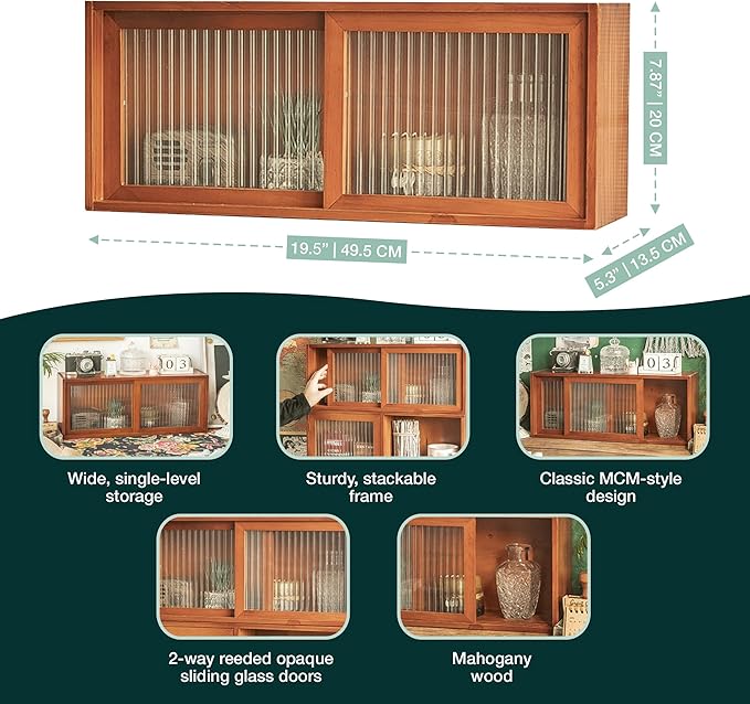 Sliding Glass Door Cabinet – Single-Level Mahogany Wood Display Shelf – Stackable Countertop Storage Organizer for Kitchen, Desks, Tables, and Shelves - 19.5" L x 5.3" W x 7.9" H