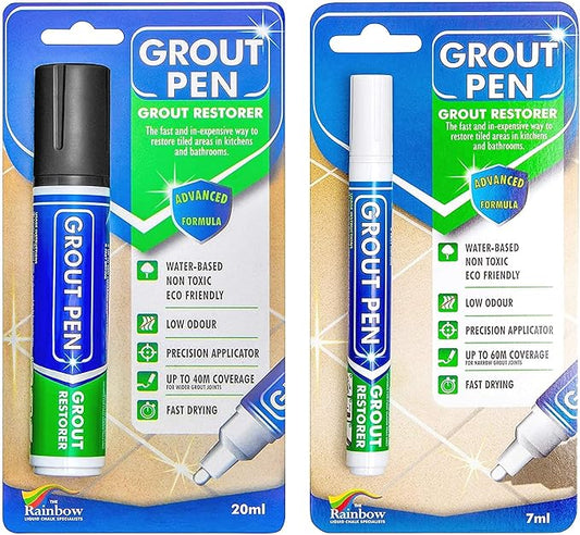 Grout Pen Tile Paint Marker: Waterproof Grout Colorant and Sealer Pen to Renew, Repair, and Refresh Tile Grout - Cleaner Coating Stain Pens - 2 Pack, 15mm Wide Black and 5mm Narrow White Tip