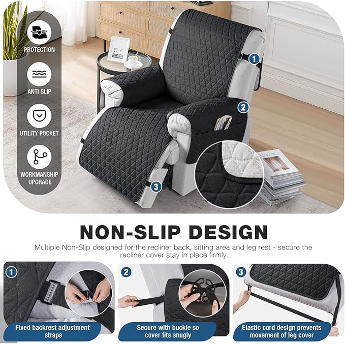 TAOCOCO 100% Waterproof Recliner Cover - Recliner Cover with Non-Slip Granule, Recliner Chair Covers with Elastic Band, Recliner Chair Covers for Reclining Chair(Black, Medium-25'')