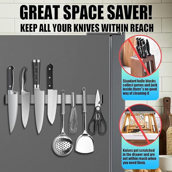 Magnetic Knife Strips, Magnetic Knife Holder for Wall 16 Inch, Stainless Steel Knife Magnetic Strip Use as Knife Bar, Knife Holder for Kitchen Utensil Organizer