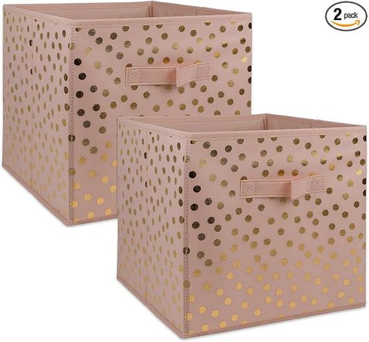 DII Non Woven Polyester Storage Bin, Polka Dot, Pink & Gold, Small Set of 2