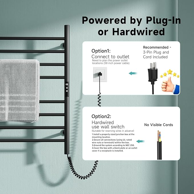 Wall Towel Warmer Rack for Bathroom - 8 bar Heated Towel Rack Timer and LED Indicator for Bathroom, Wall Mounted Electric Towel Rack, Stainless Steel Brushed, Plug-in