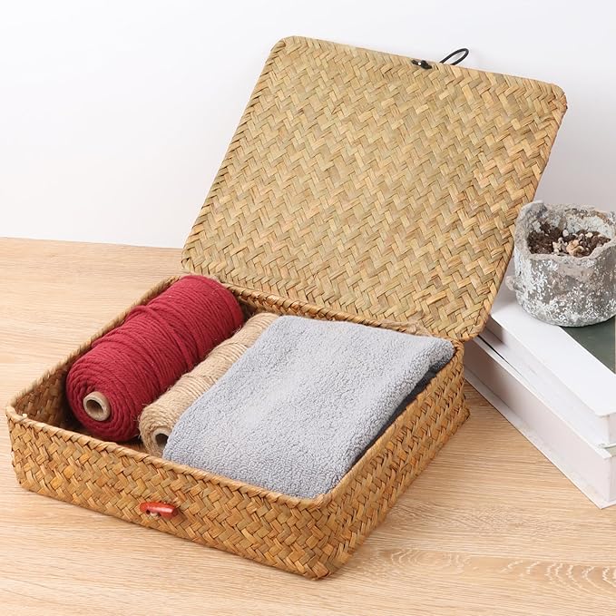 Flat Wicker Shelf Baskets with Lid, Seagrass Woven Basket Boxes for Storage Basket Bins Multipurpose Home Decor Organizer (Natural Set of 2)